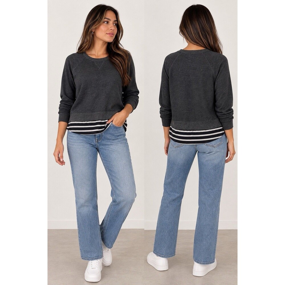 Sundry Layered Cozy Fleece Sweatshirt Women M Gray Striped Crewneck Pullover